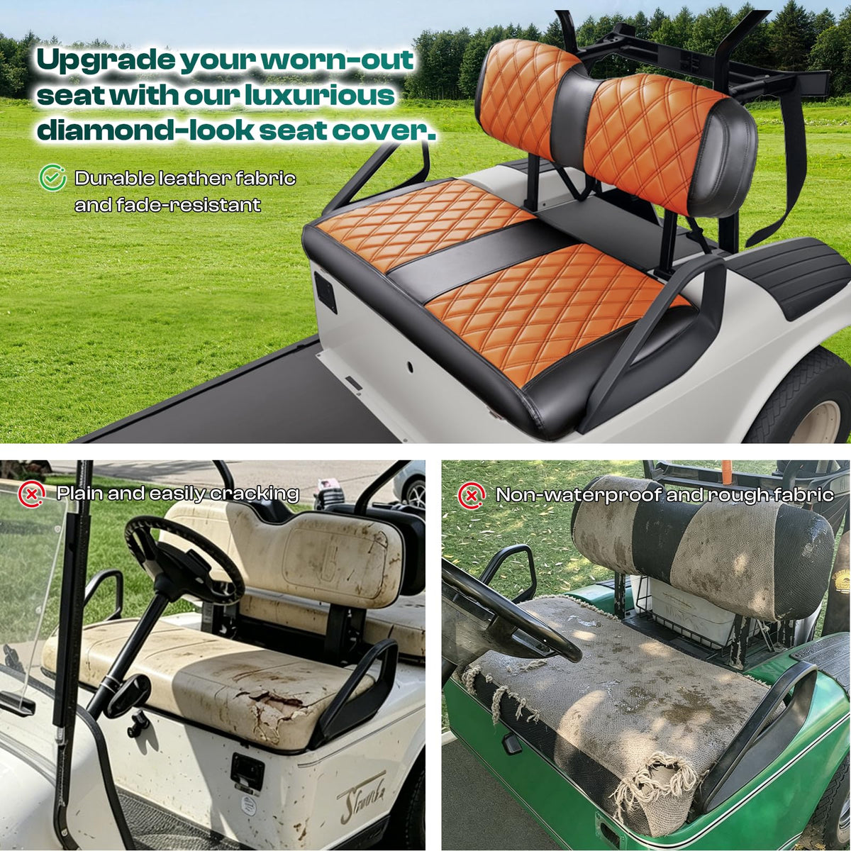 Drive Up EZGO TXT backrest cover with brown diamond stitching for quick refresh