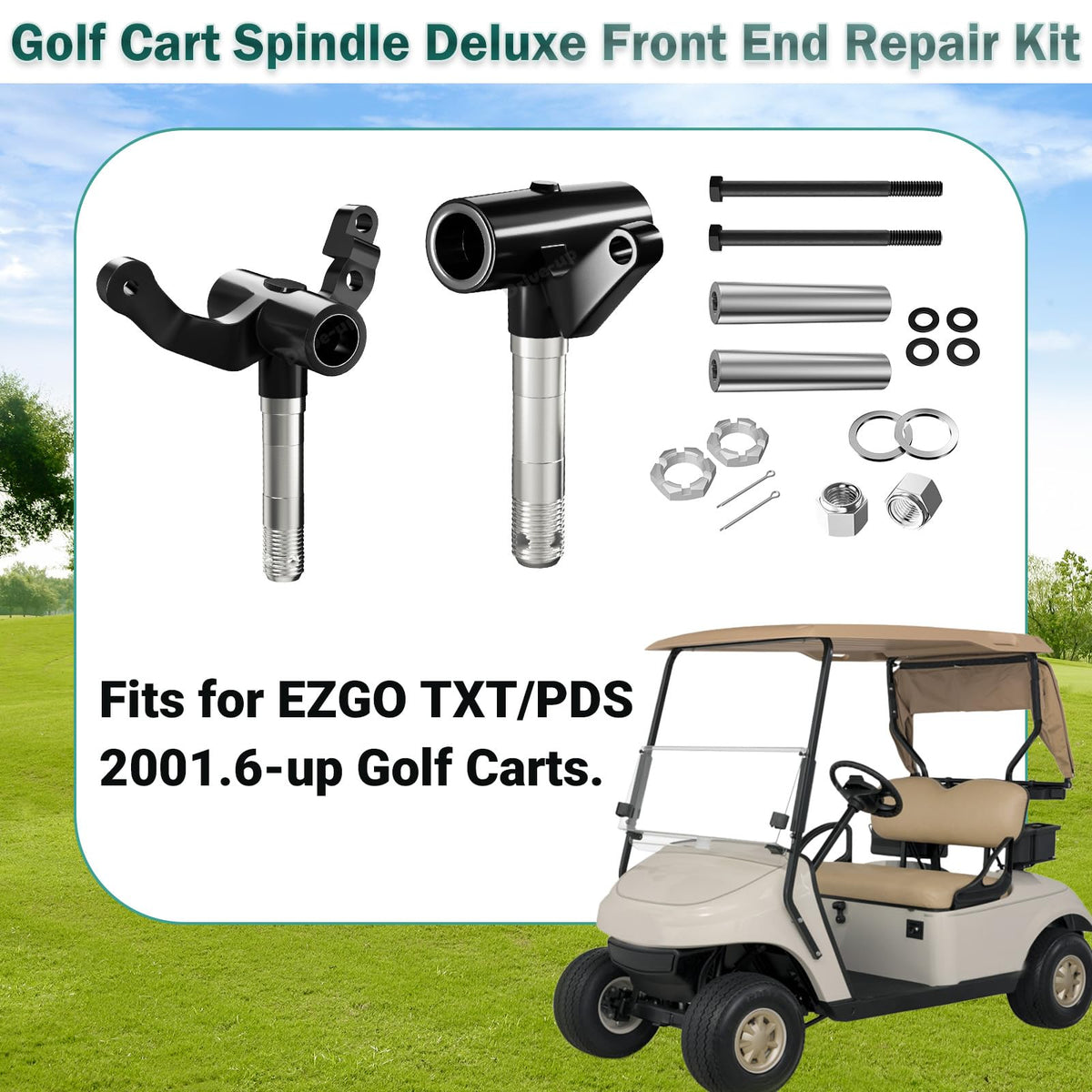 Installed Drive Up EZGO TXT front-end kit on a golf cart demonstrates improved alignment.