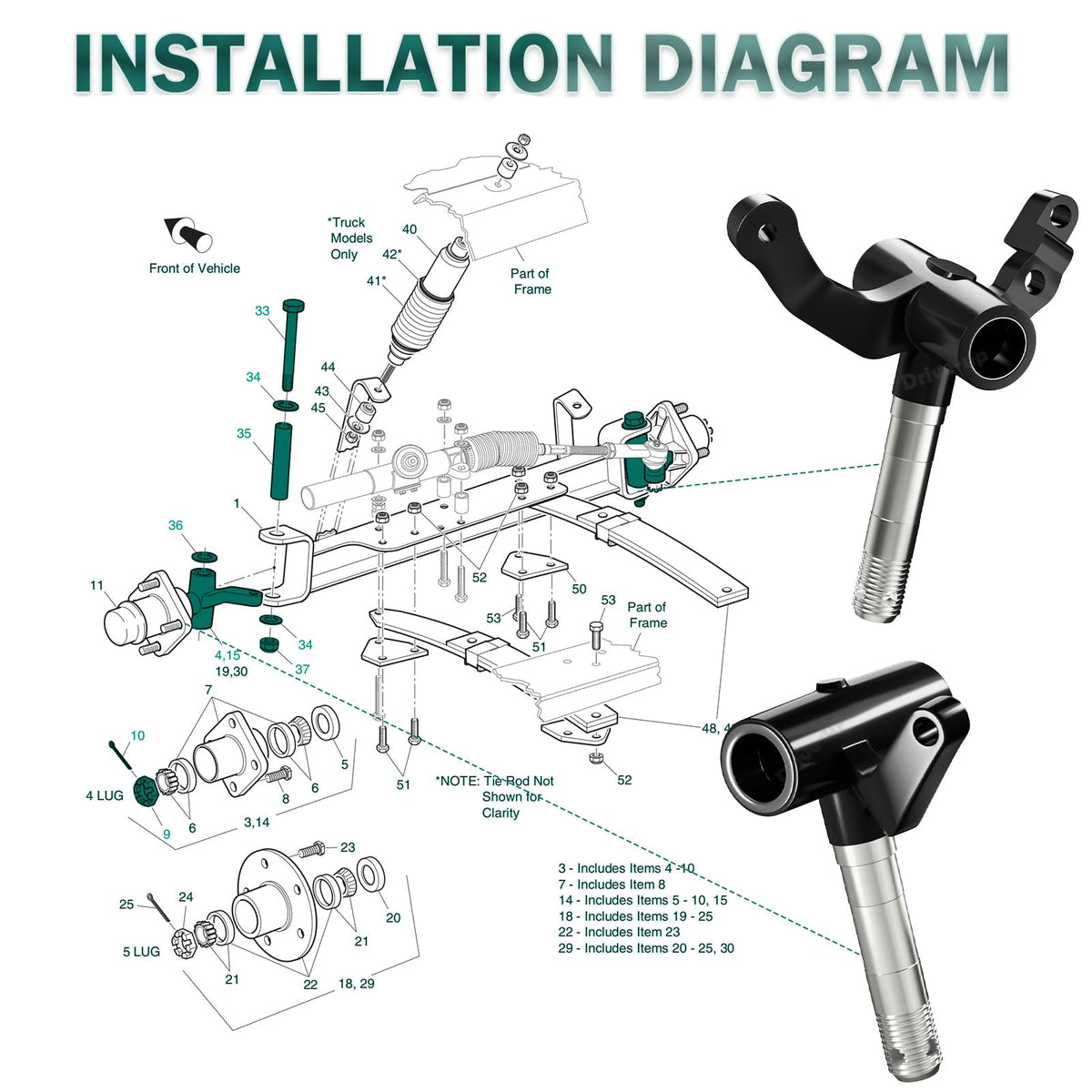 Front-end repair kit components from Drive Up EZGO TXT laid out for easy install.