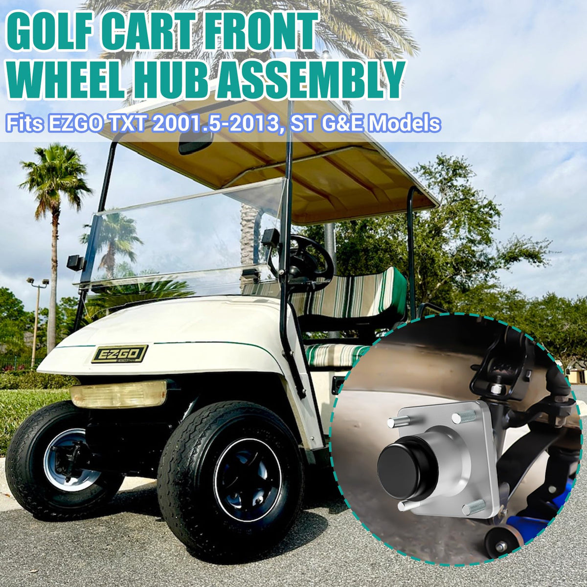 Drive Up EZGO TXT front hub installed on cart showing secure fit and alignment.