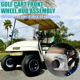 Drive Up EZGO TXT front hub installed on cart showing secure fit and alignment.
