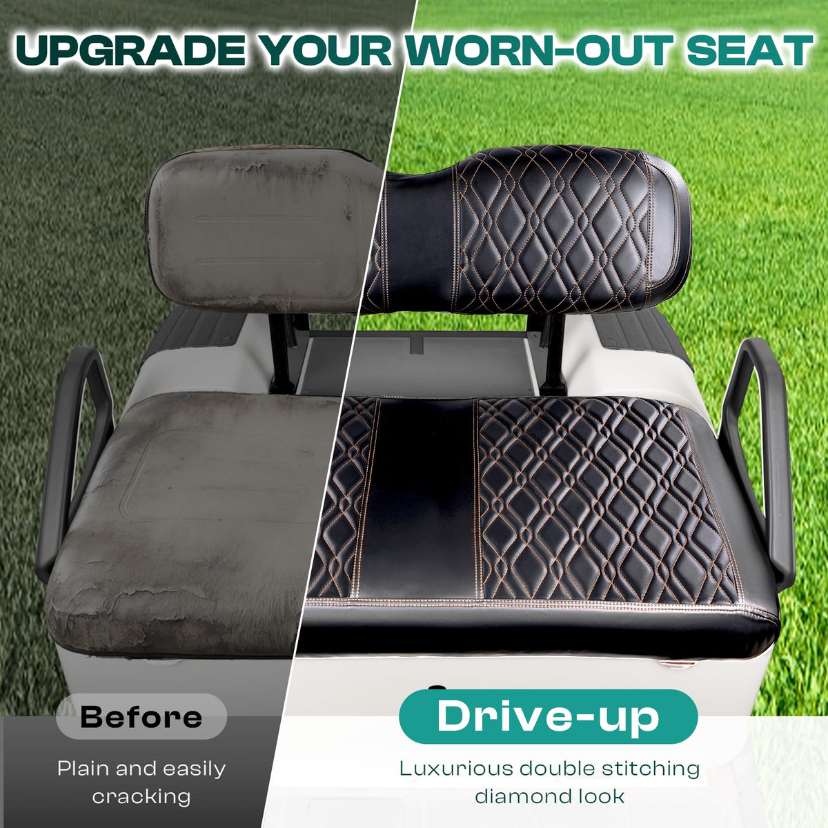 Drive Up EZGO TXT front seat cover in black vinyl with brown stitching