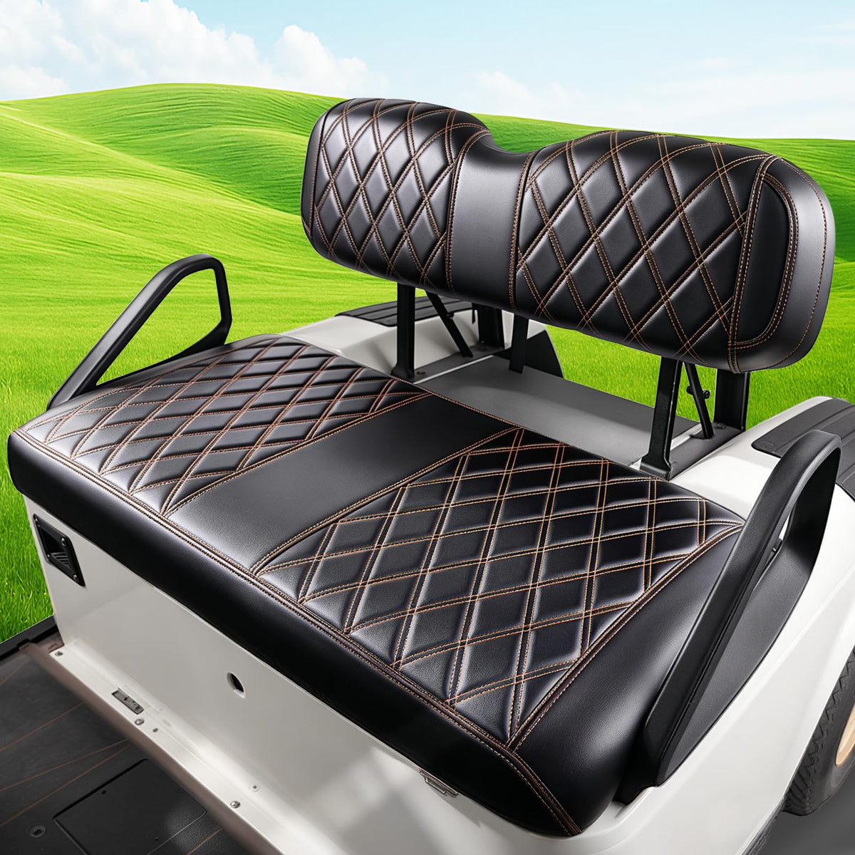 DRIVE UP EZGO TXT front seat cover in diamond leather with brown stitching.