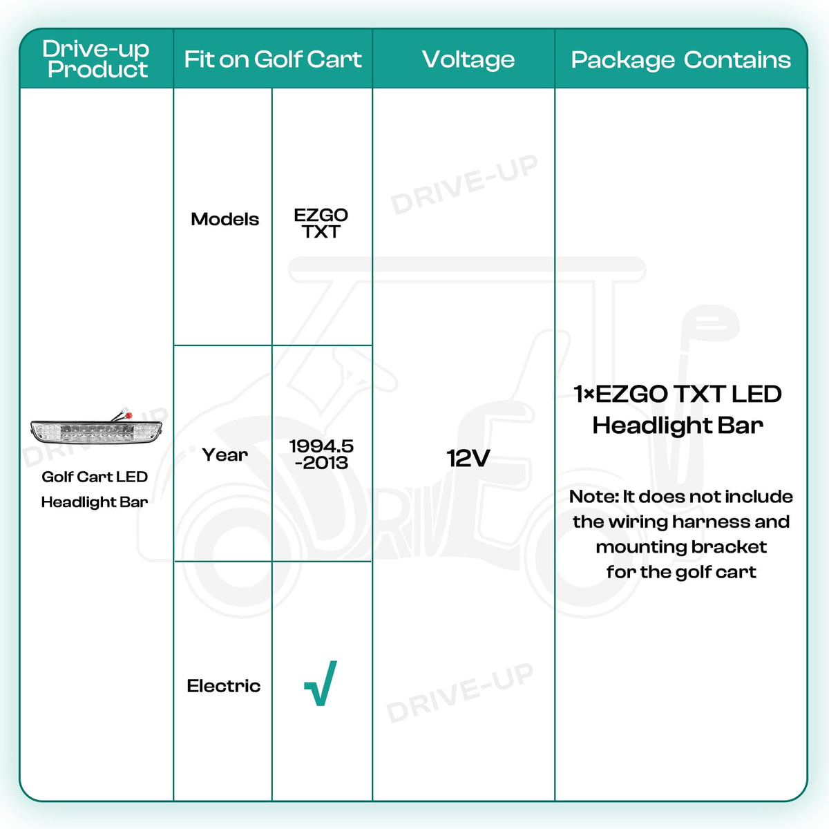 DRIVE UP EZGO TXT LED headlight bar 3-pin plug compatibility eases wiring