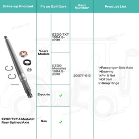 Drive Up EZGO TXT rear splined axle kit with mounting hardware for quick install.