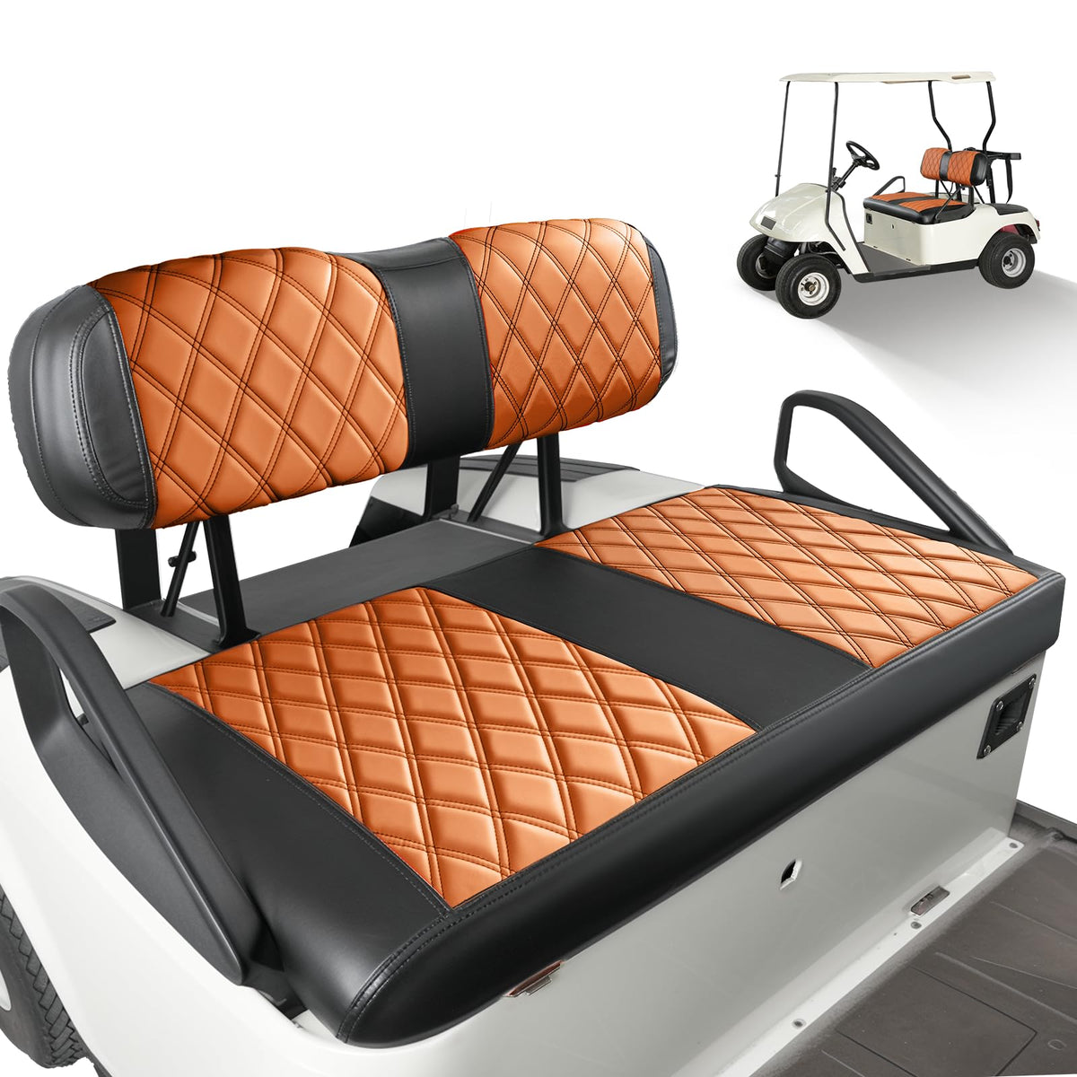 Drive Up EZGO TXT seat cover front shows brown diamond pattern for durable protection