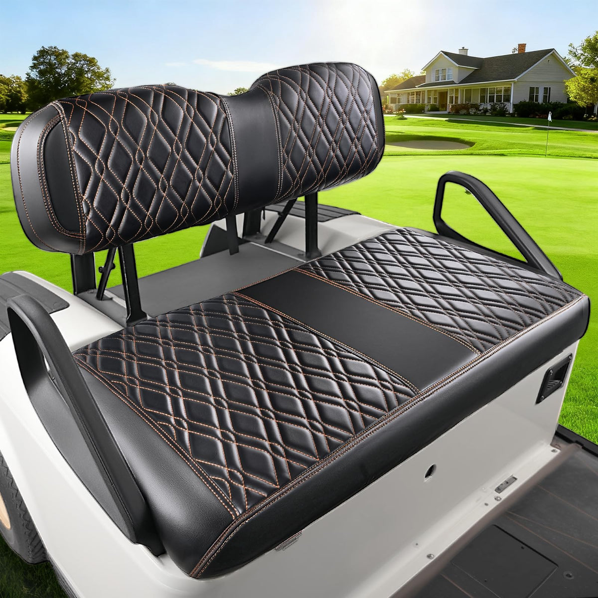 Drive Up EZGO TXT black leather-style seat cover with diamond cross pattern