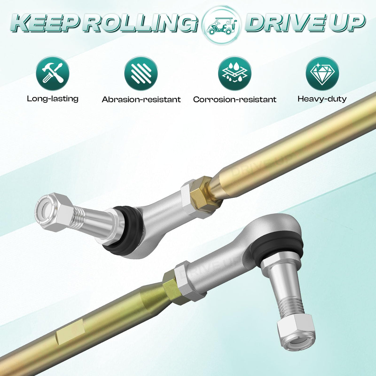 EZGO TXT tie rod ends close-up highlighting durable aluminum joints.