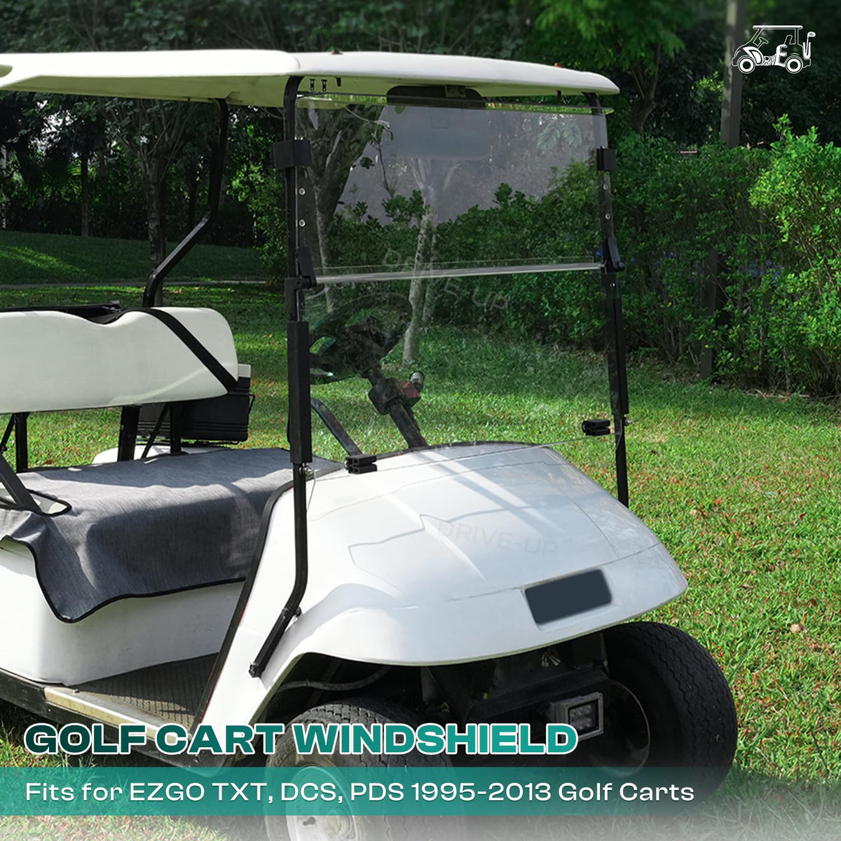 DRIVE UP EZGO windshield kit includes snap kit and instructions for quick installation.