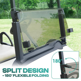 DRIVE UP EZGO RXV windshield folds for quick ventilation.
