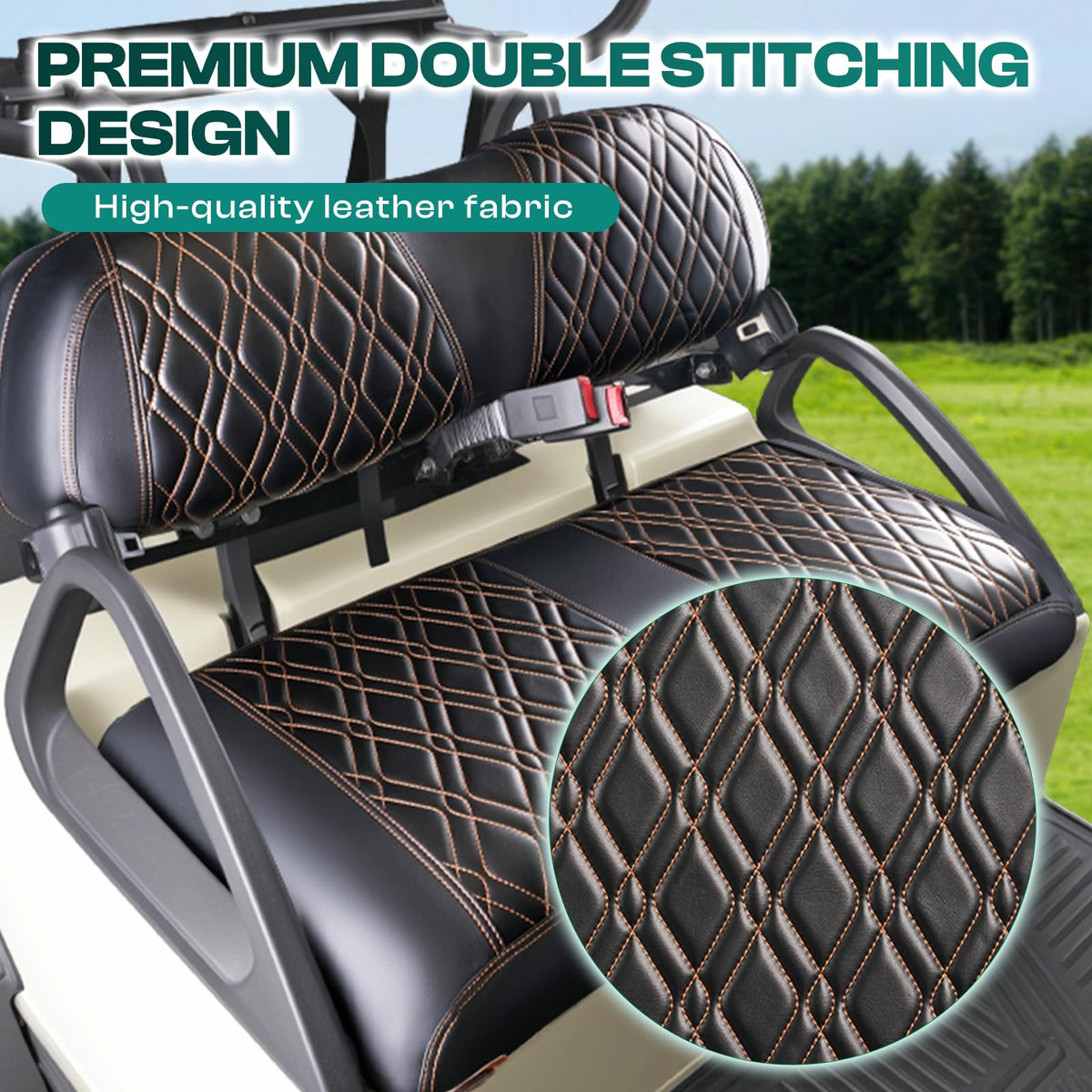 Drive Up front seat cover with brown stitching adds durable, refined detail.