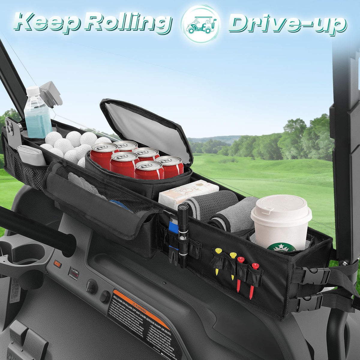 DRIVE UP front storage basket for EZGO TXT keeps balls and tees organized on course