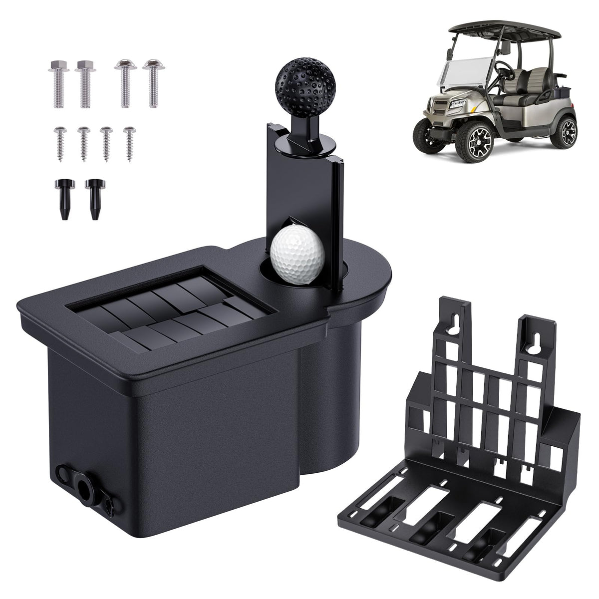 Drive Up golf ball washer kit attached to rear of cart for quick cleaning.