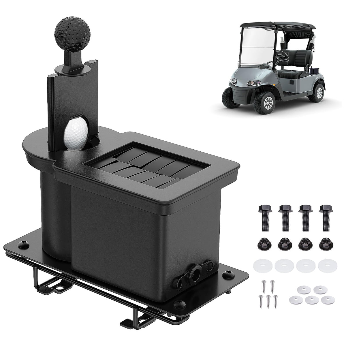 Drive Up golf ball washer mounted on EZGO RXV for efficient ball cleaning.