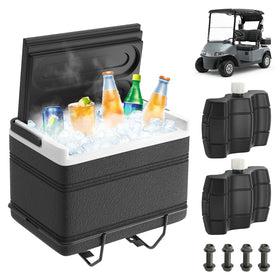 Drive Up golf cart cooler mounted on EZGO RXV left rear for refreshing drinks.