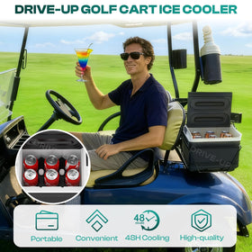 Drive Up golf cart cooler mounted on a cart during a round