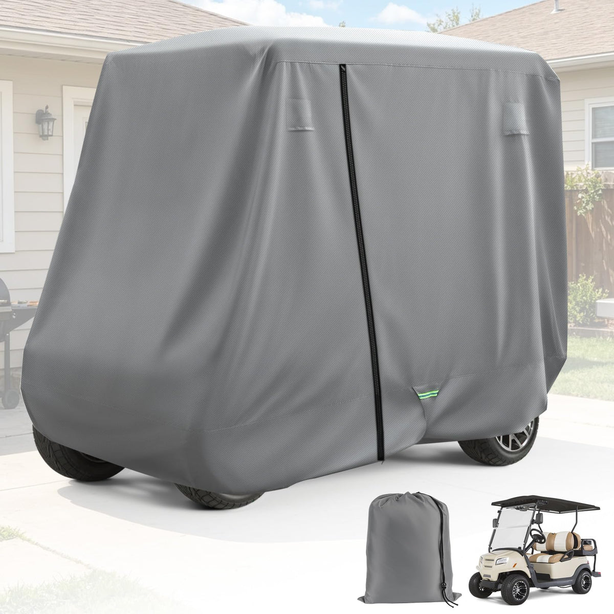 Drive Up golf cart cover 2-4 passenger side view protects against wind and rain.