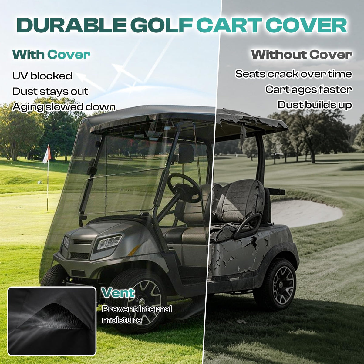 Drive Up dimensions fit 2-4 passenger carts: 112 by 50 by 73 inches.