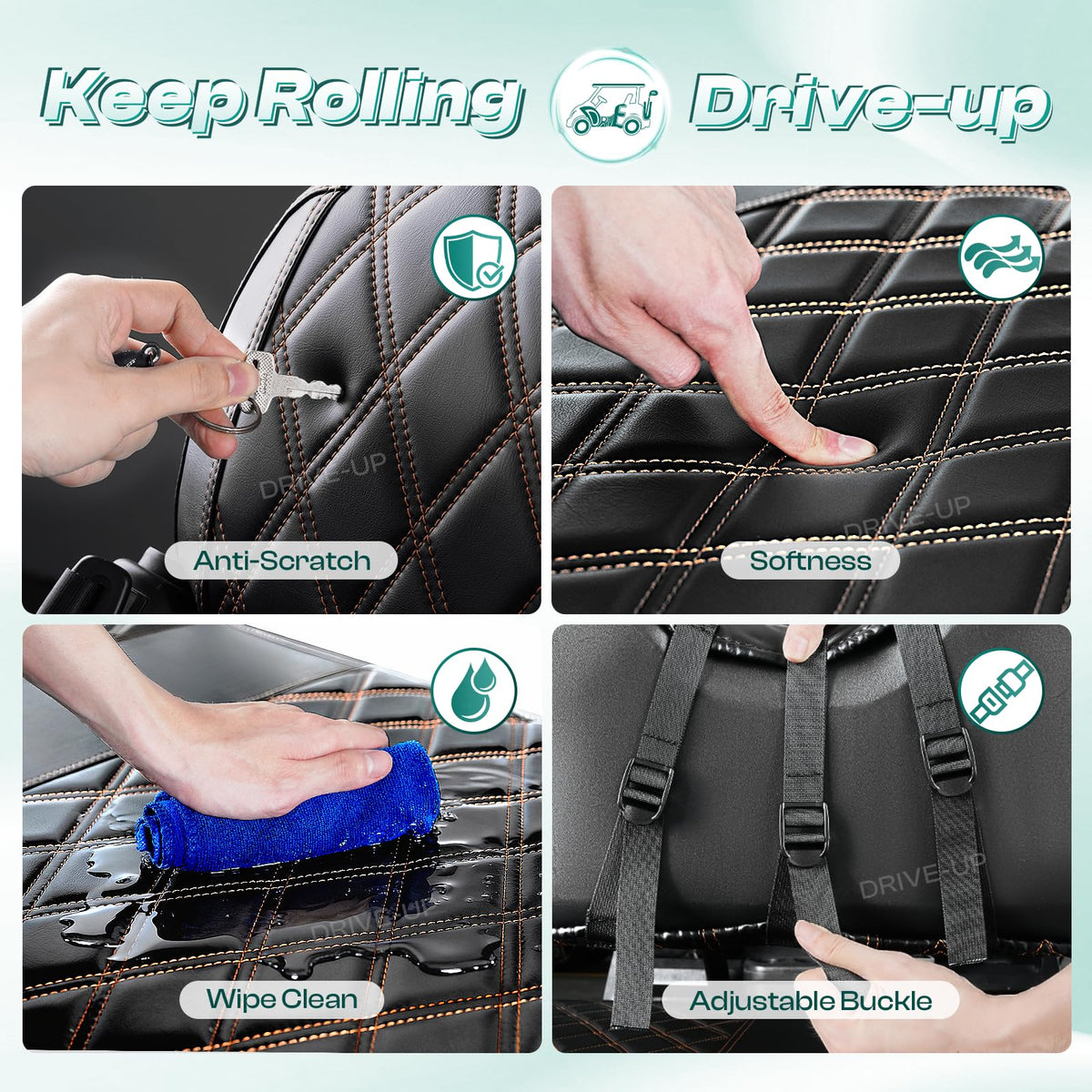 DRIVE UP PVC seat cover on golf cart surface, wipe-clean and waterproof