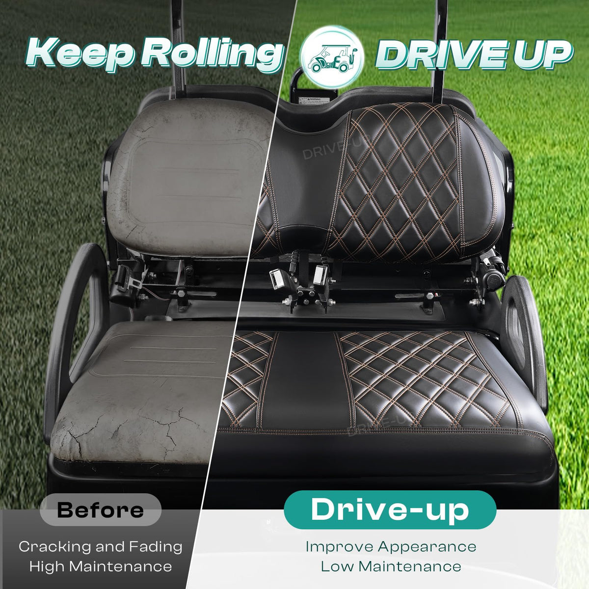 Close-up of DRIVE UP diamond seat cover back cushion with brown stitching for Club Car Precedent