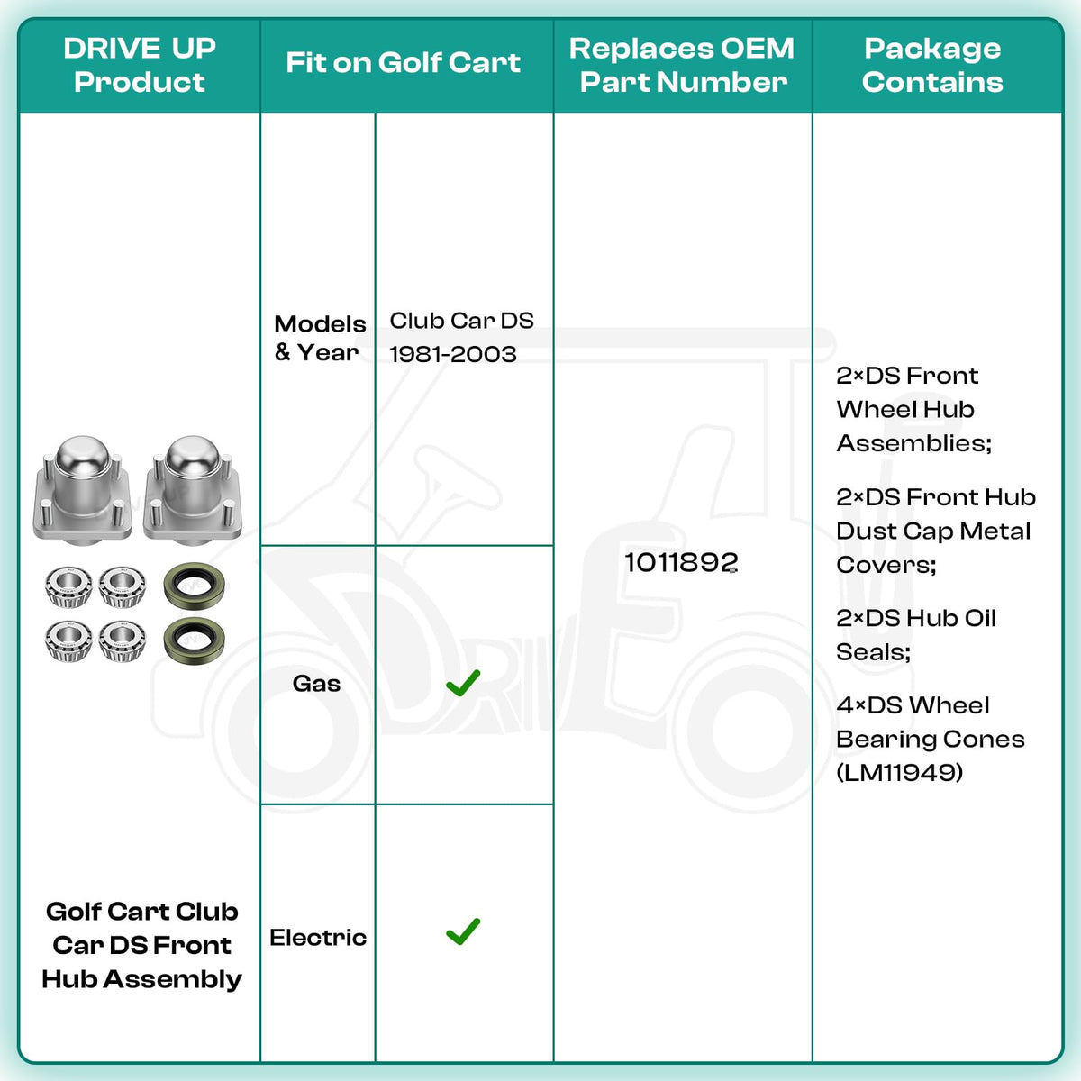 Drive Up golf cart DS hub kit with bearings and seals
