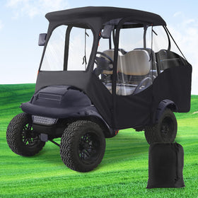 Drive Up golf cart enclosure front doors shield passengers from rain while keeping doors accessible