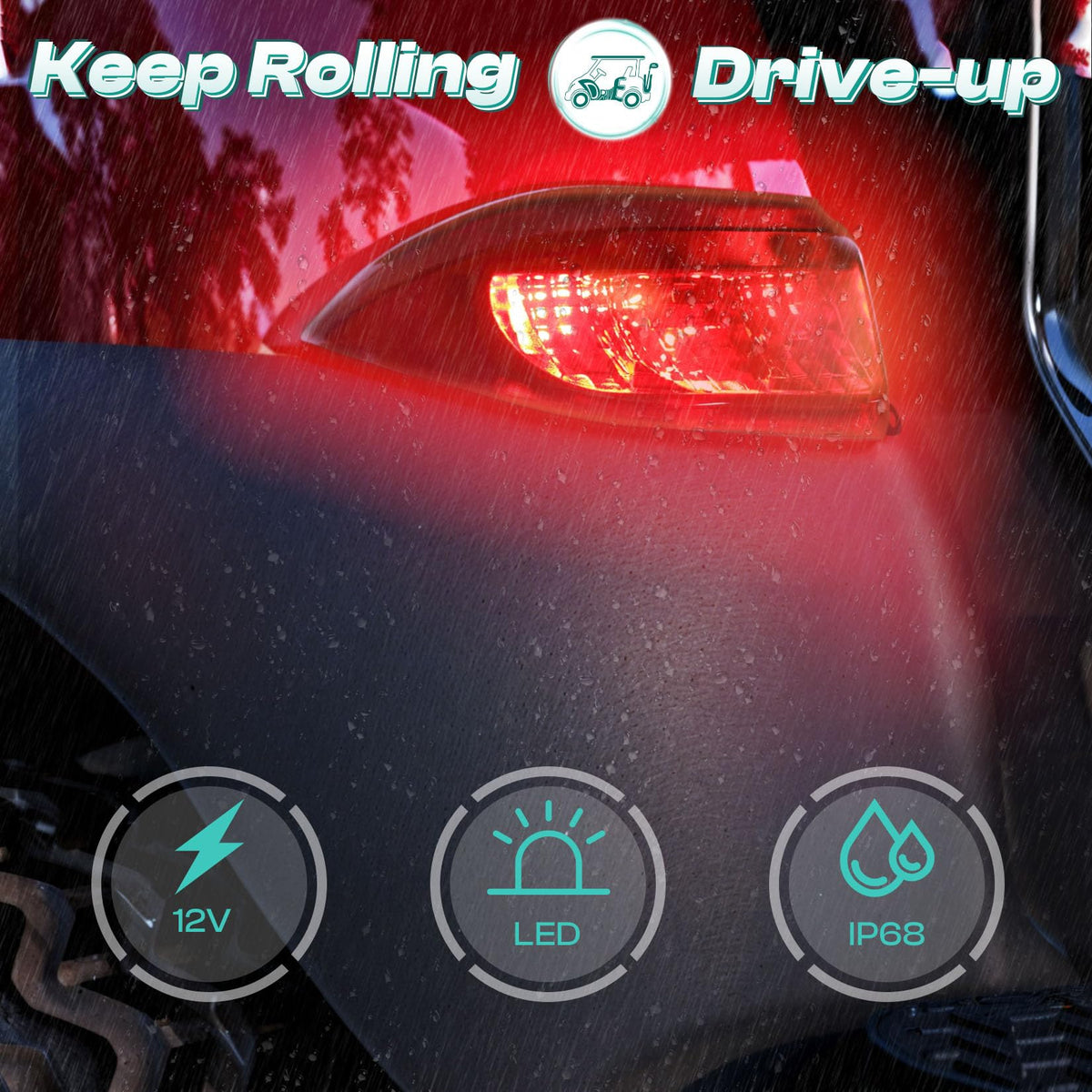 DRIVE UP golf cart taillight close-up shows bright LED for safer night driving