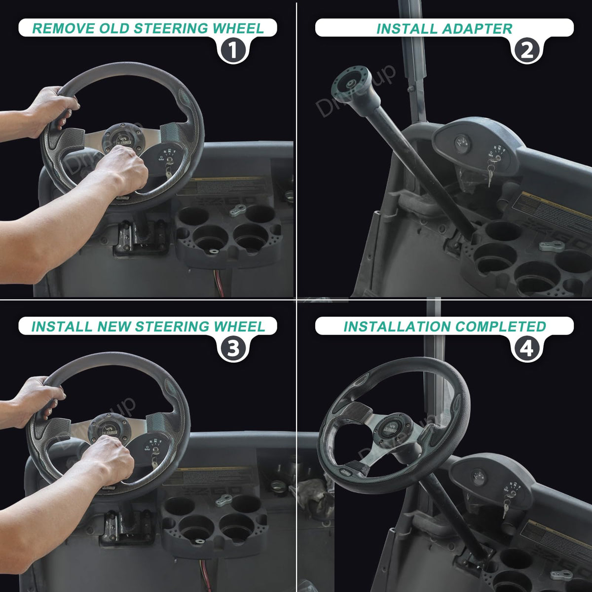 Drive Up steering wheel replacement look with the new adapter for a modern cart.
