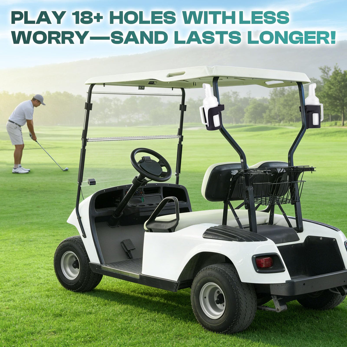 Drive Up sand bottle helps fill dents and maintain golf course condition between rounds.