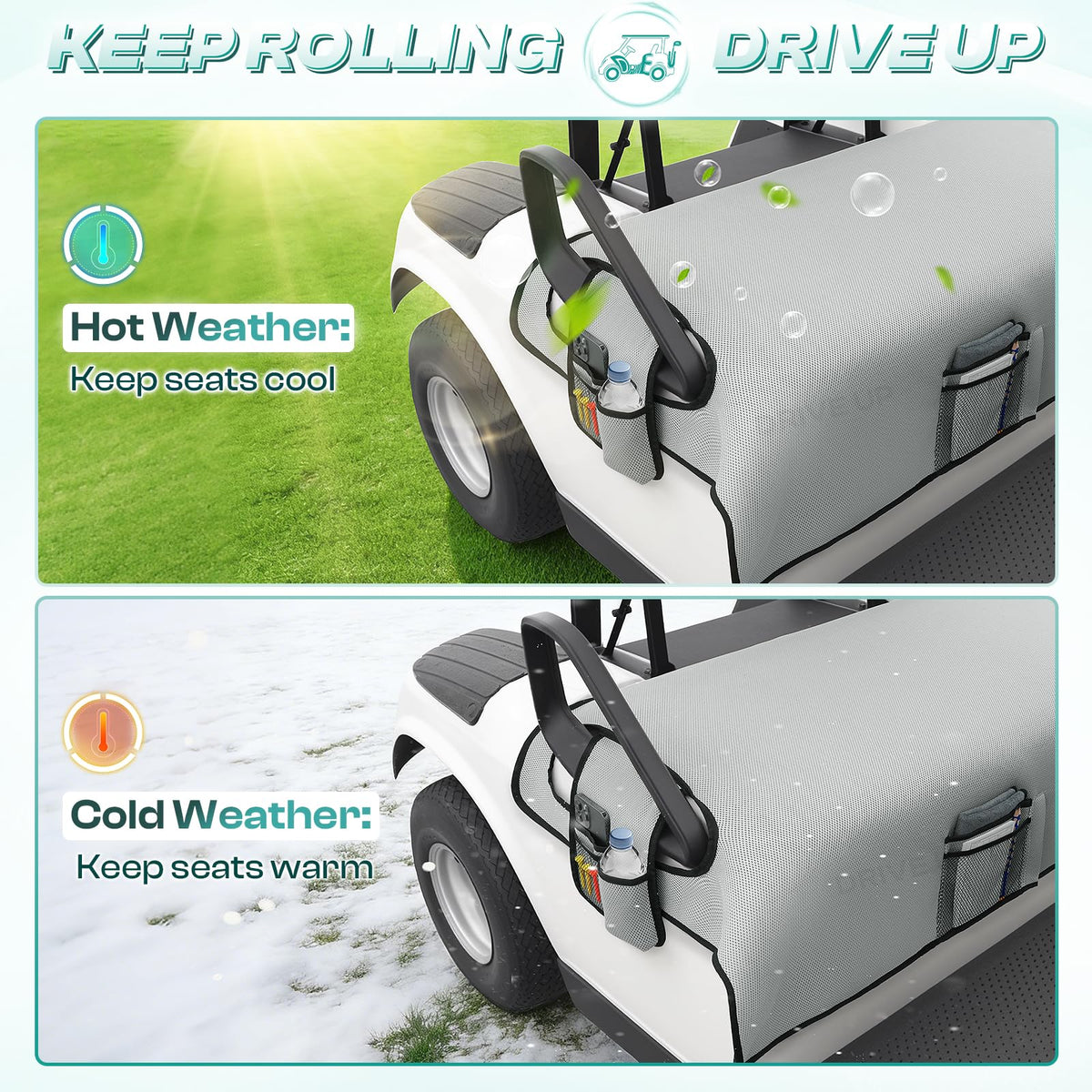 DRIVE UP grey seat cover plush padding enhances comfort on rides.