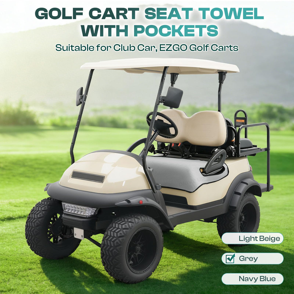 DRIVE UP grey seat cover includes front and side pockets for essentials.