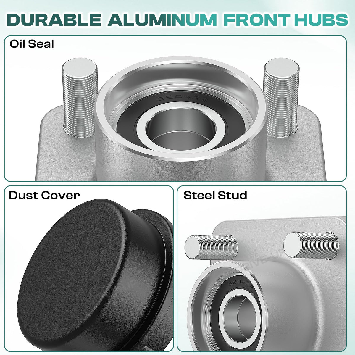 DRIVE UP installation guide visual for easy front-wheel hub replacement.