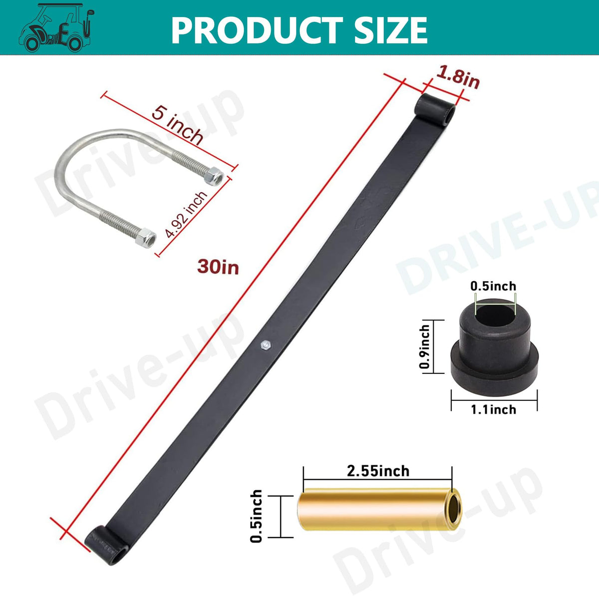 Drive Up rear leaf spring with bushings and sleeves image emphasizes durable hardware.