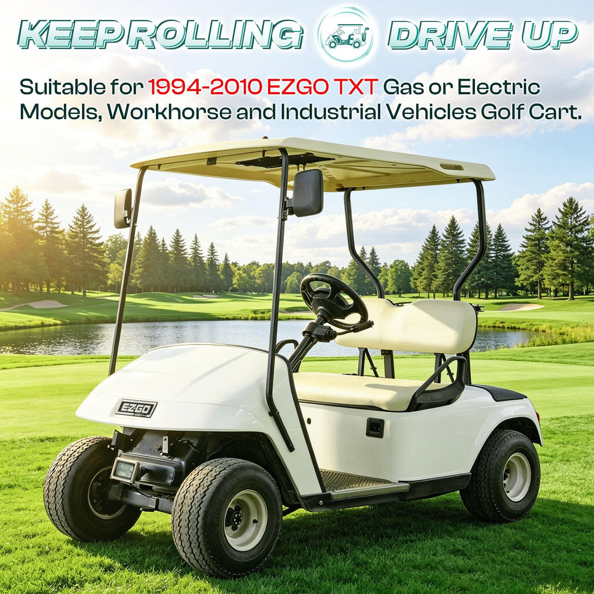 Drive Up EZGO TXT name plate silver, side angle enhances OEM-style emblem.