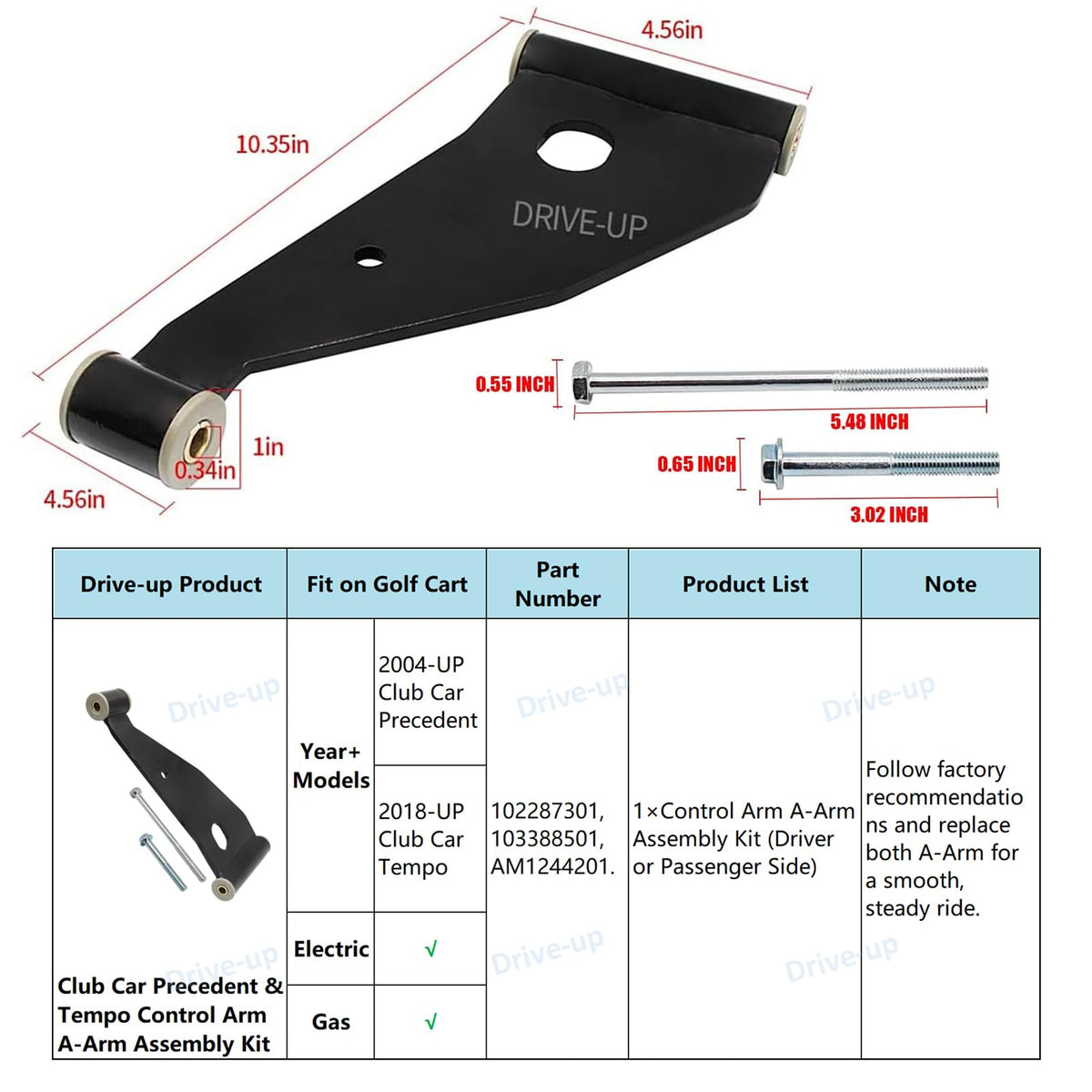 DRIVE UP compatible arm for precise fit with OEM numbers 102287301 and 103388501.