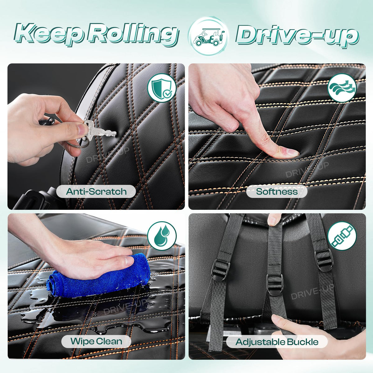 Drive Up PVC leather surface delivers smooth feel and easy wipe-clean maintenance.