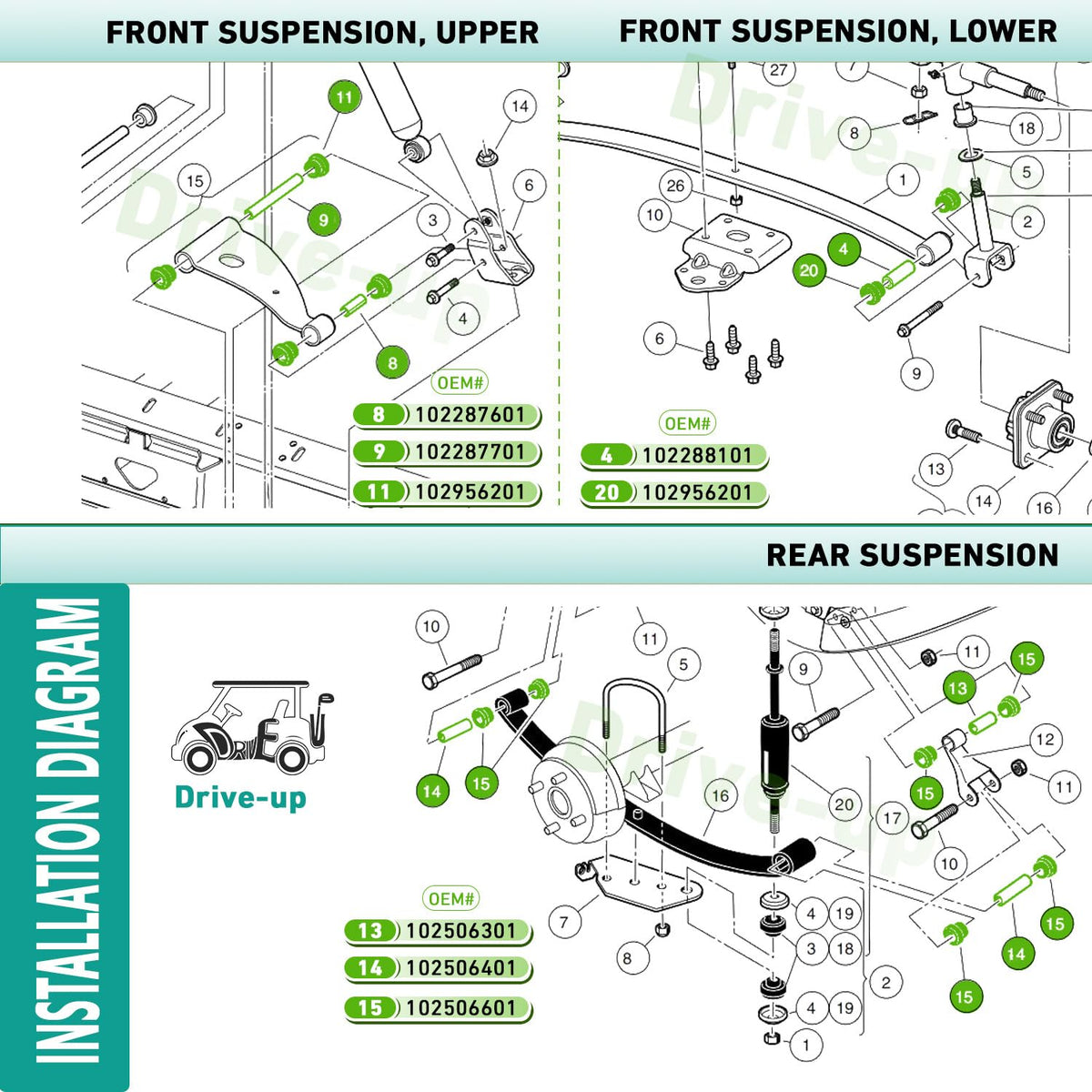 Drive Up rear leaf spring bushings minimize noise and vibration
