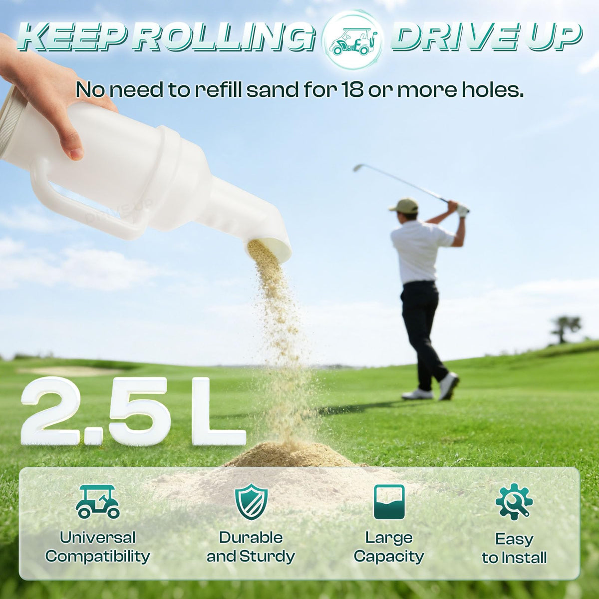Drive Up large-capacity sand bottle fits EZGO, Club Car, Yamaha golf carts for fewer refills.