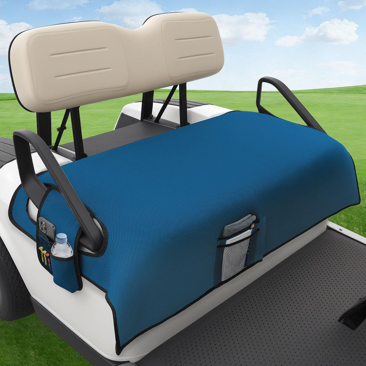 DRIVE UP seat cover with front pockets offers organized storage and plush comfort.
