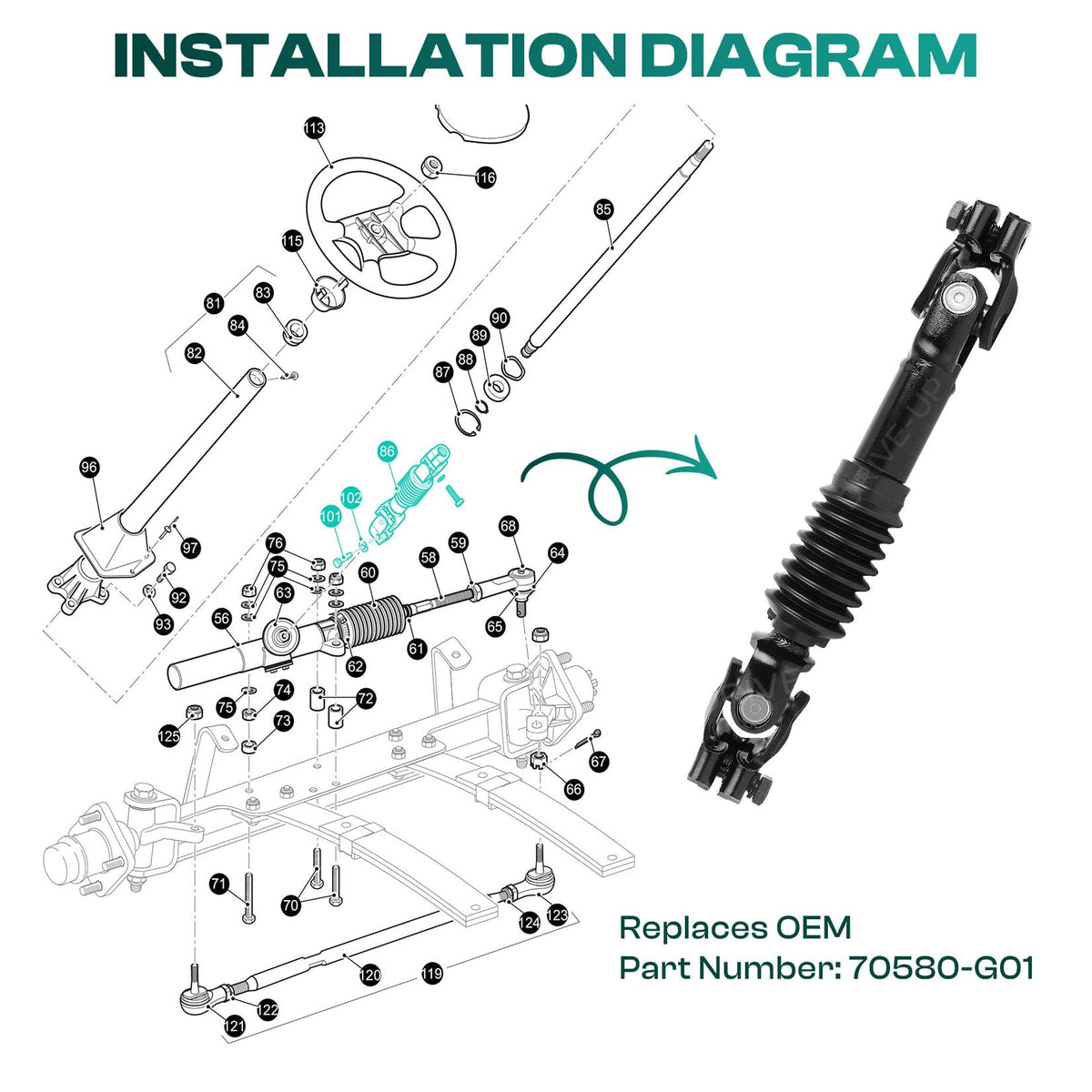 DRIVE UP steering shaft installation process for DIY fit.