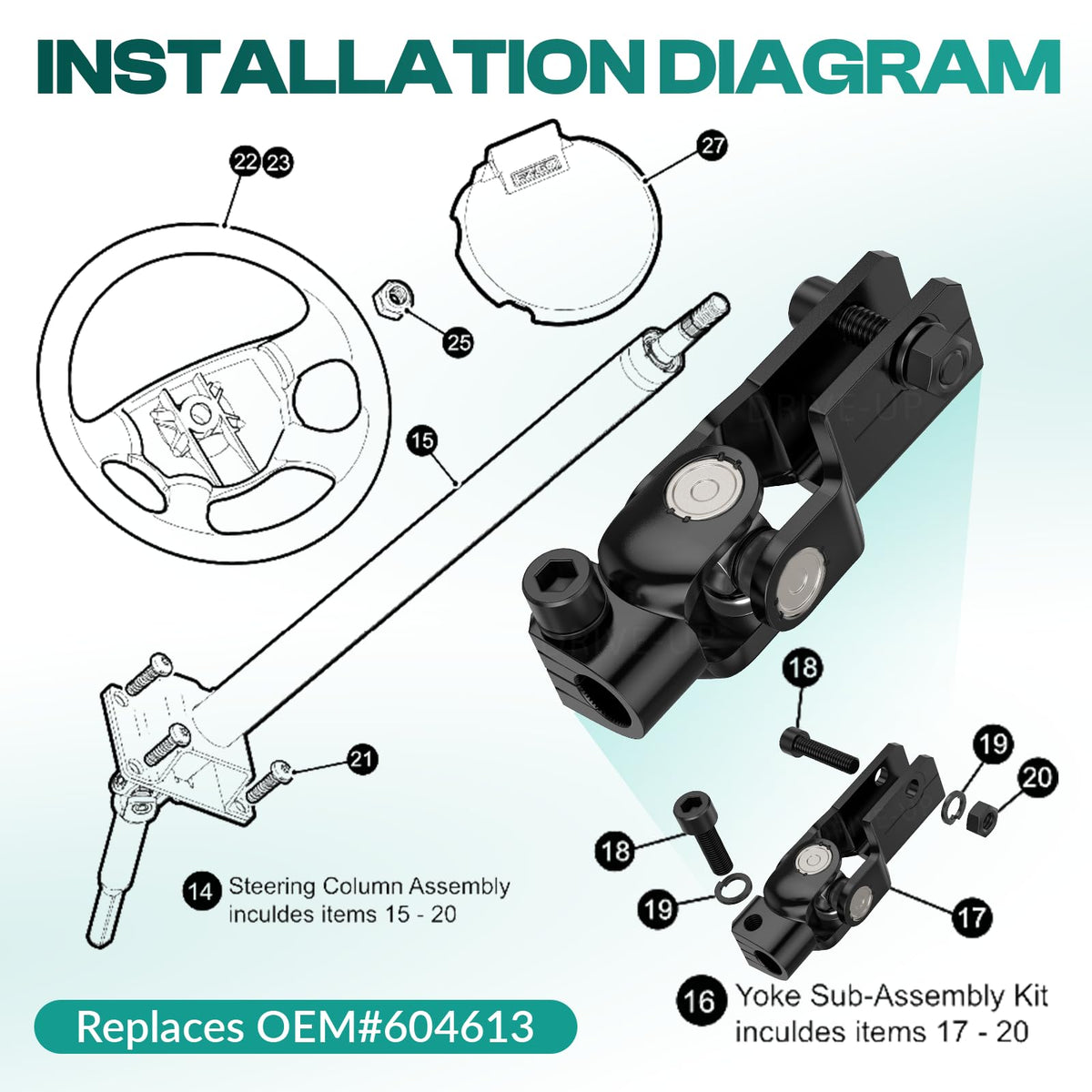 Packaging includes steering yoke assembly for EZGO RXV retrofit