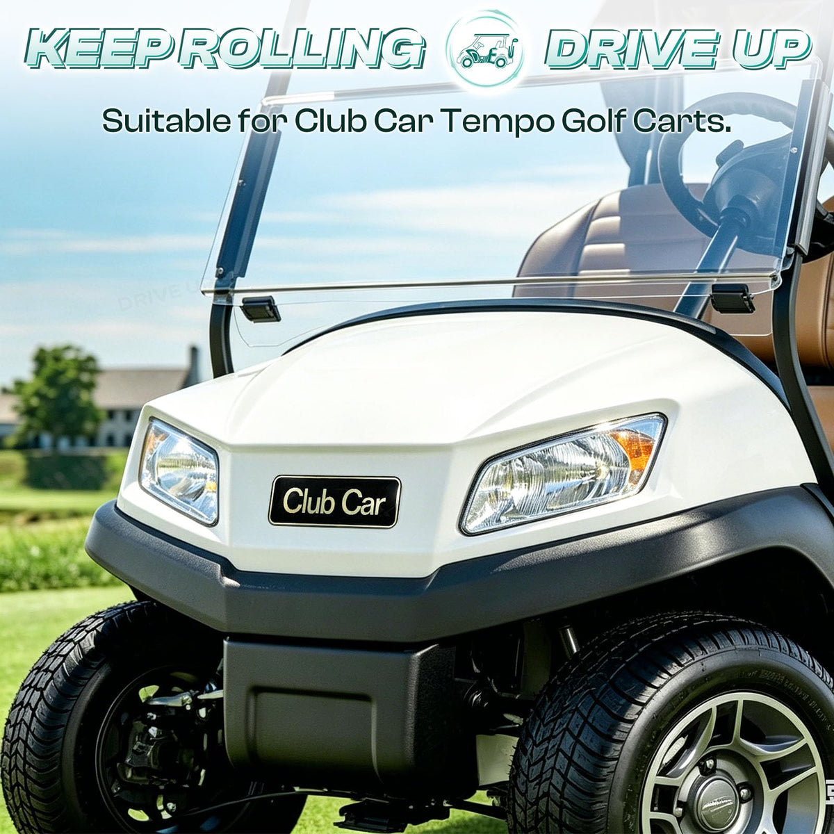Drive Up Tempo emblem name plate, side view, adds premium style to your golf cart.