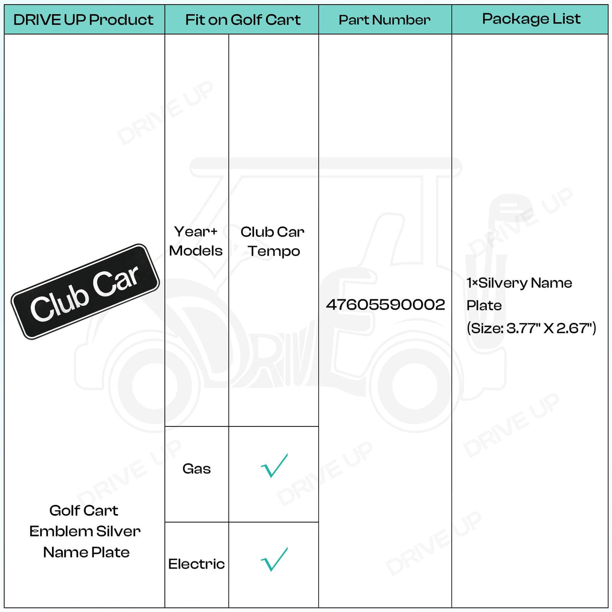 Drive Up Tempo emblem silver name plate with precise 7.72 x 2.68 inch dimensions.