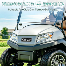 Drive Up Tempo emblem silver name plate installed on golf cart exterior for quick branding update.