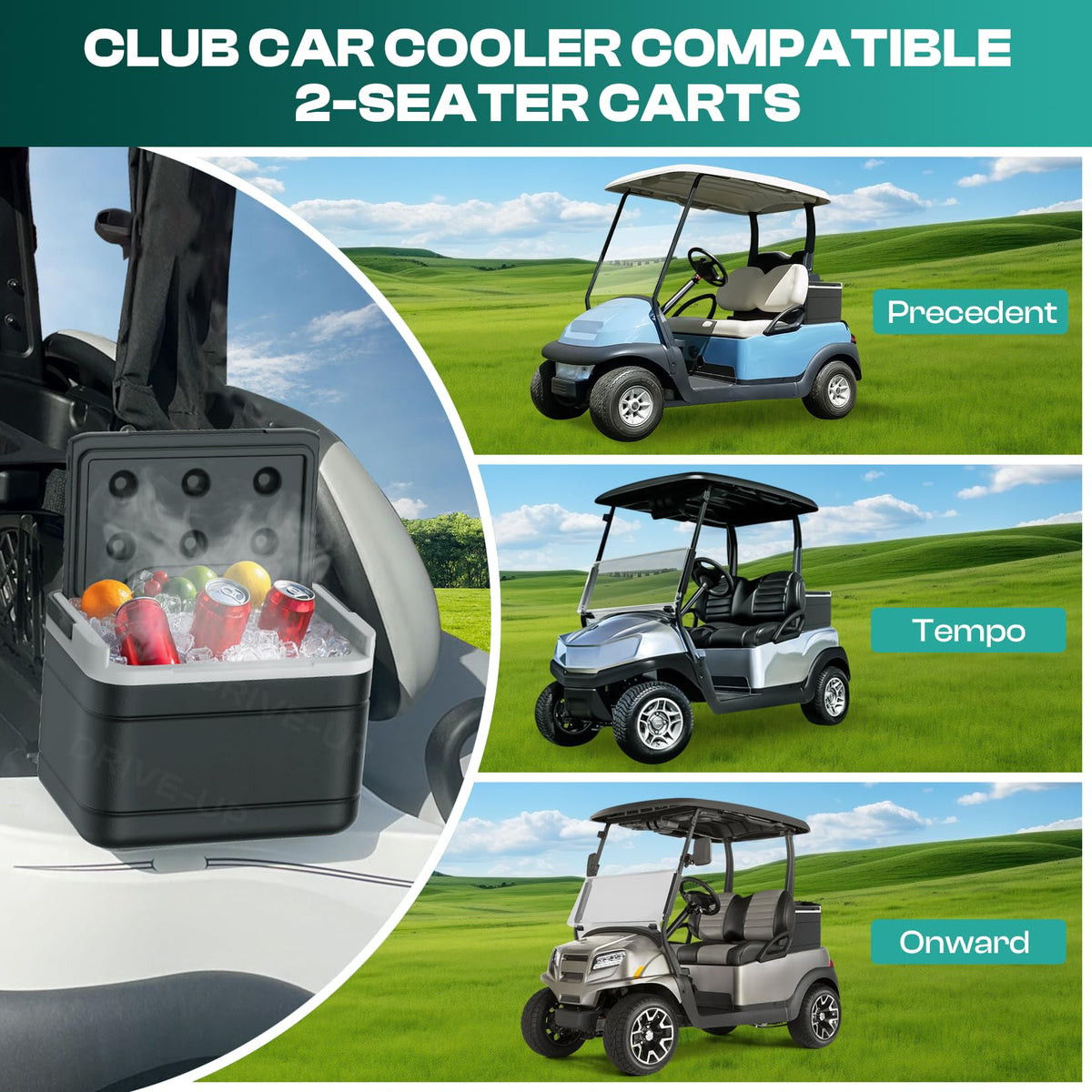 Drive Up two-seater golf cart design with integrated cooler