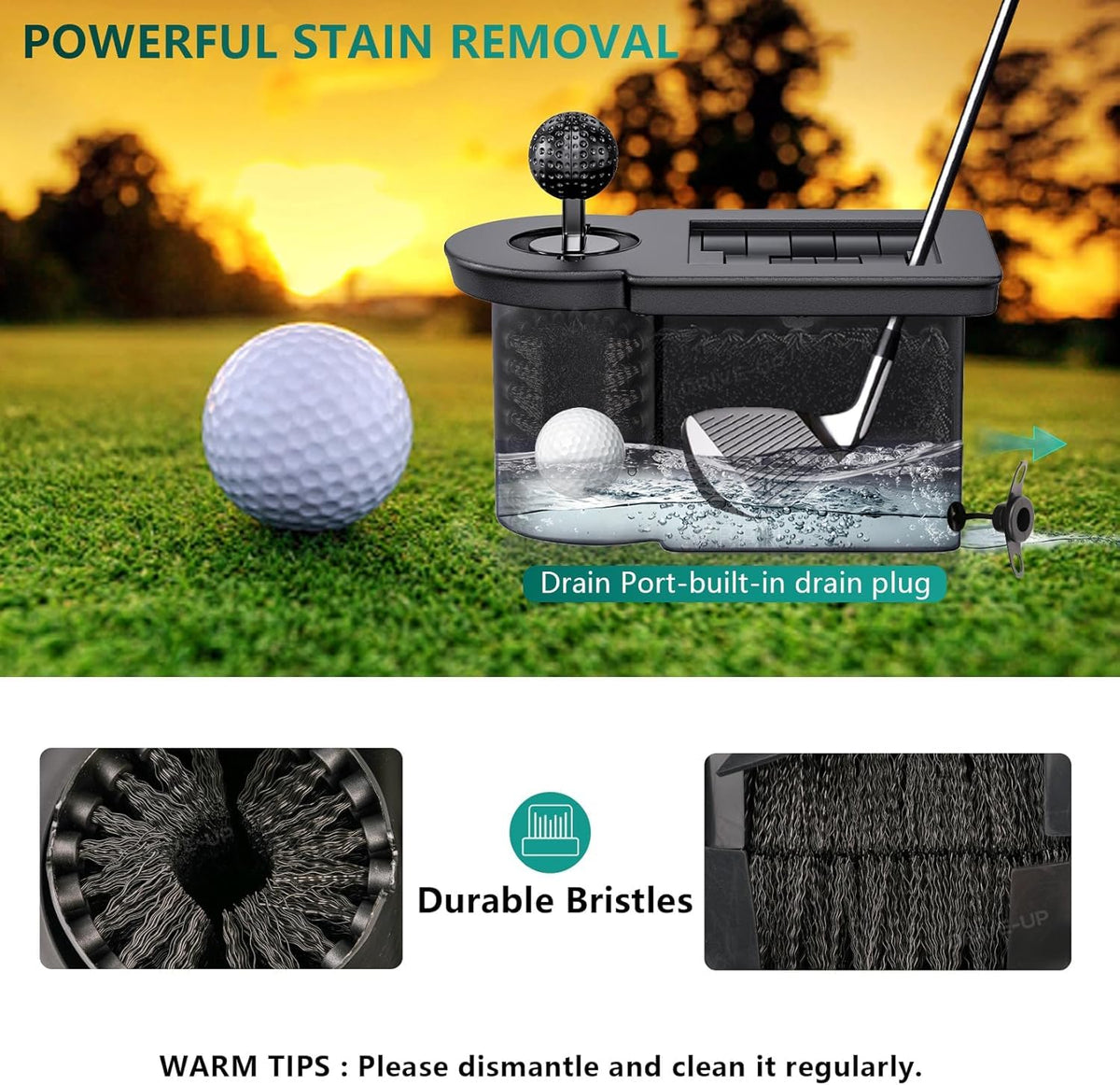 Drive Up drain port image highlighting easy water drainage after cleaning.