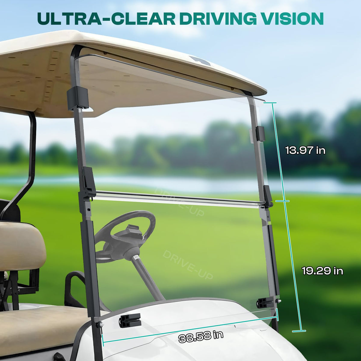 DRIVE UP clear down windshield measures 38.58 by 33.26 inches for full coverage.