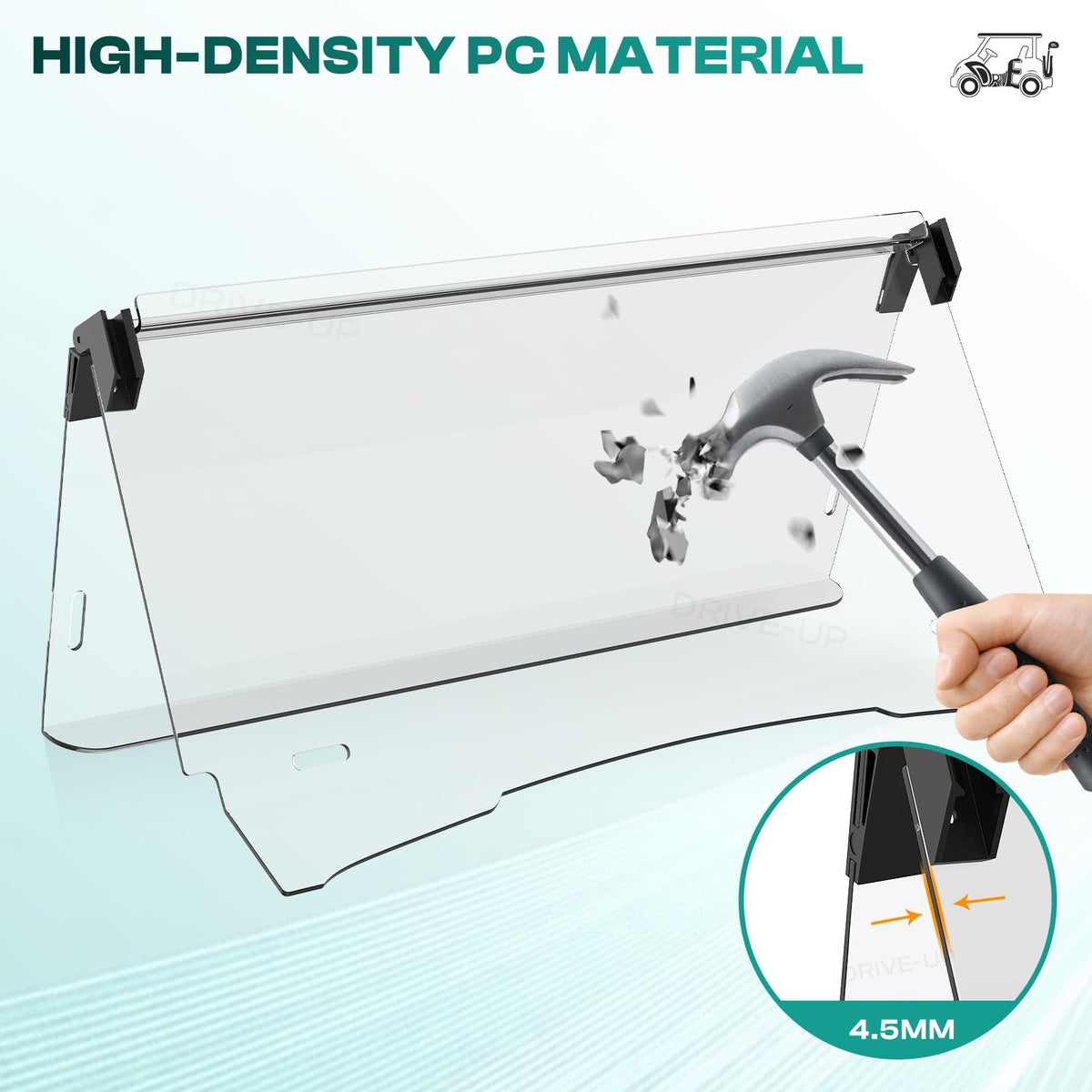 DRIVE UP anti-glare UV windshield protects eyes from sun glare on sunny golf days.