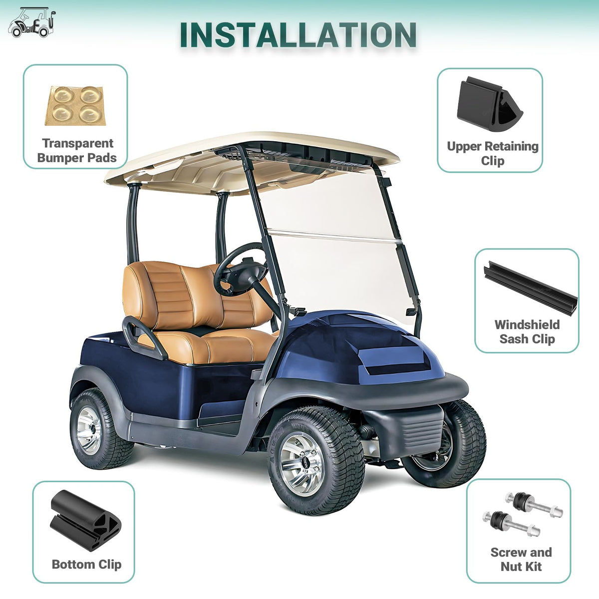 Drive Up bottom clips stabilize the windscreen on Club Car Precedent.