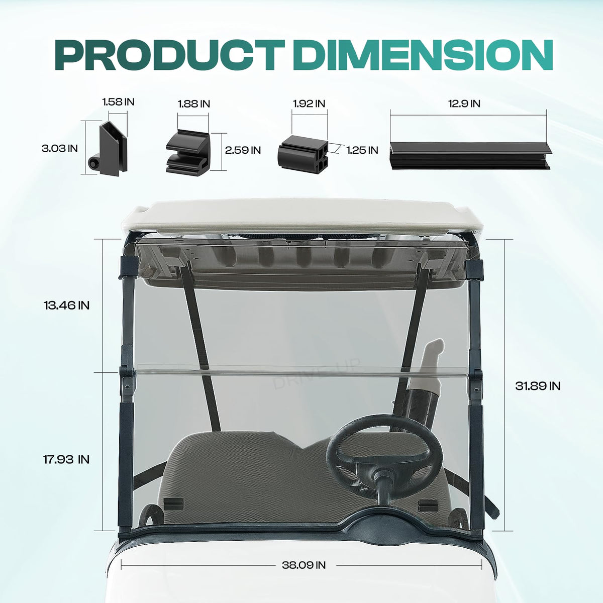DRIVE UP EZGO RXV windshield blocks wind, rain, sand and dust for comfortable drives.
